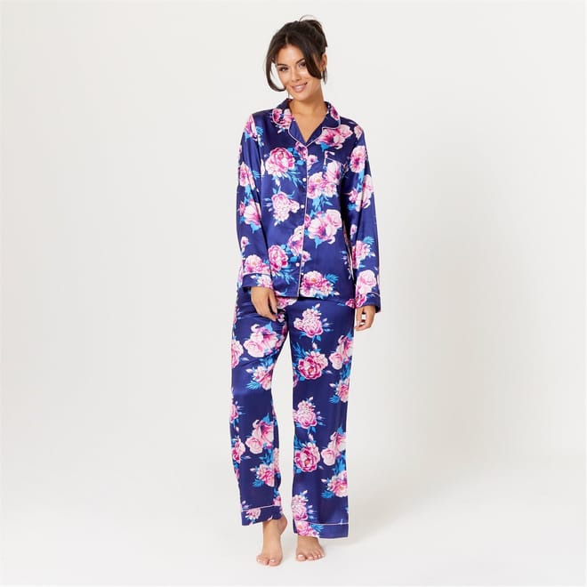 Satin Floral Collared Pyjama Set