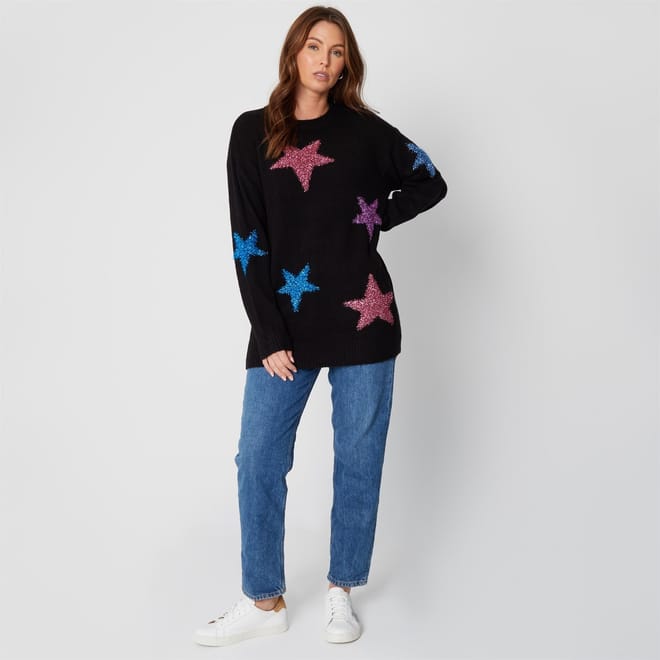 Star Detail Crew Neck Long Sleeve Sweater