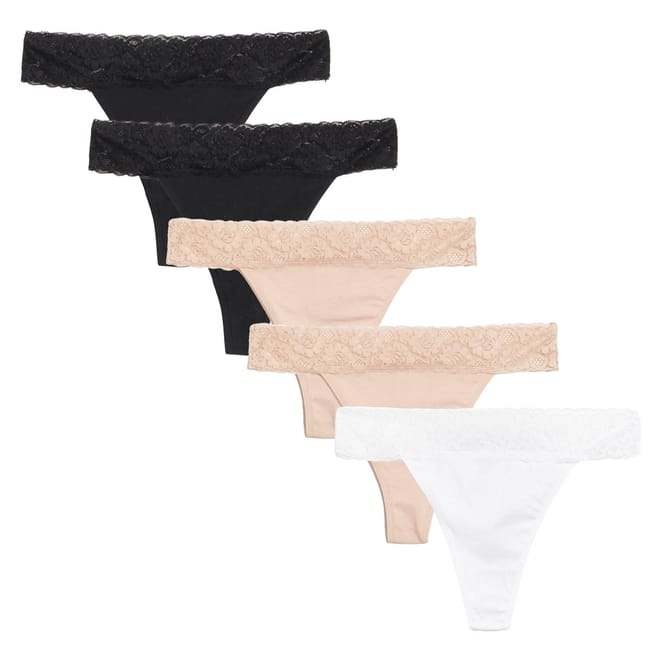 5 Pack Lace Trim Cotton Thong