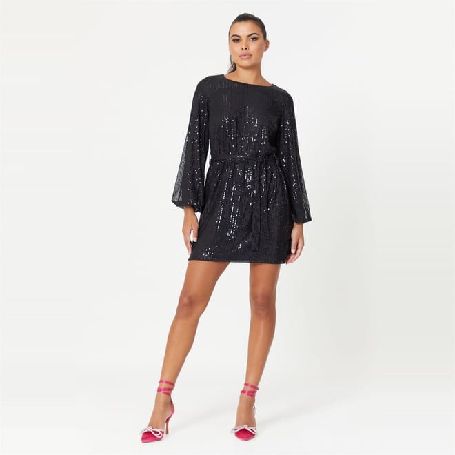 Belted Crew Neck Mini A-Line Dress