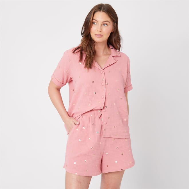 Foil Flower Collared Pyjama Set