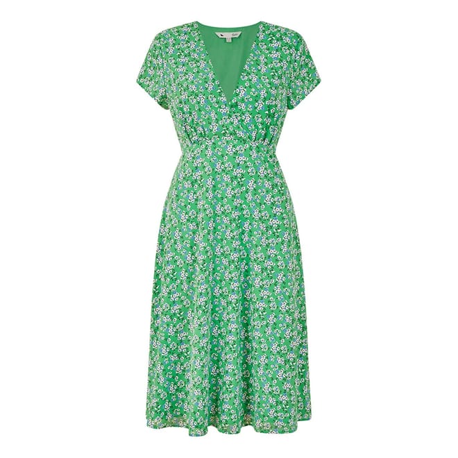 Green Ditsy V-Neck Midi Wrap Dress
