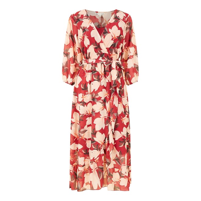 Red Blossom V-Neck Midi Wrap Dress