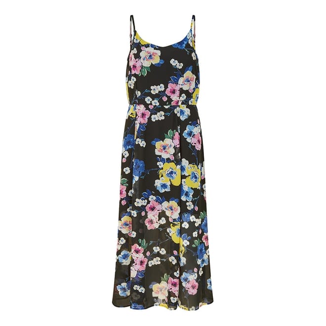 Black Floral V-Neck Midi Wrap Dress