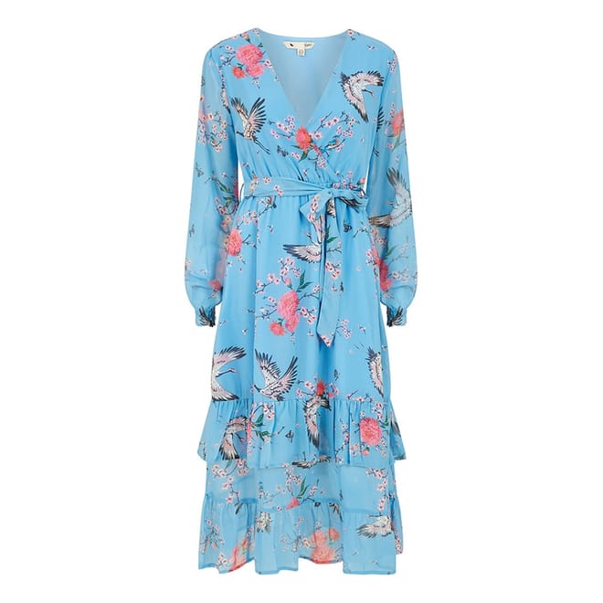 Crane Print V-Neck Midi Wrap Dress