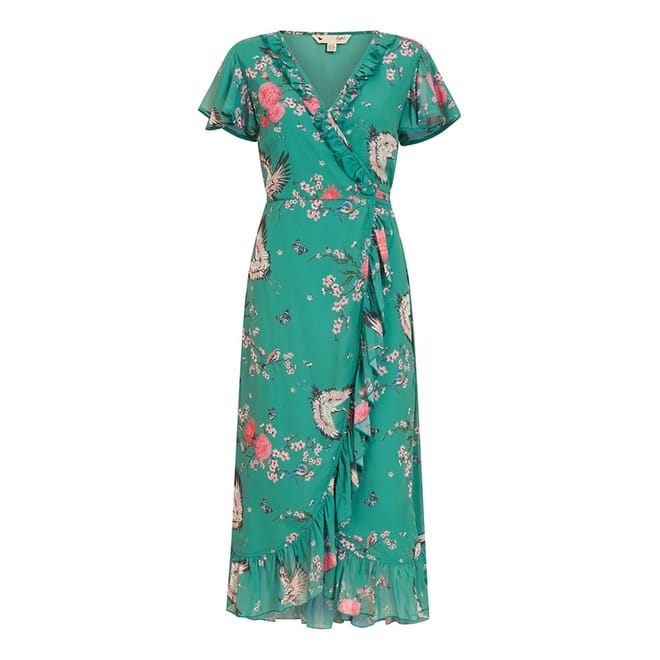Crane Print V-Neck Midi Wrap Dress