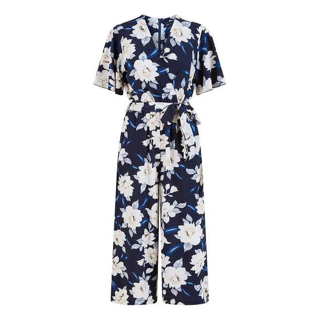 Navy Floral Wrap Jumpsuit with V-Neck