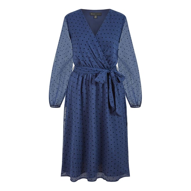 Navy Dobby Spot V-Neck Wrap Midi Dress