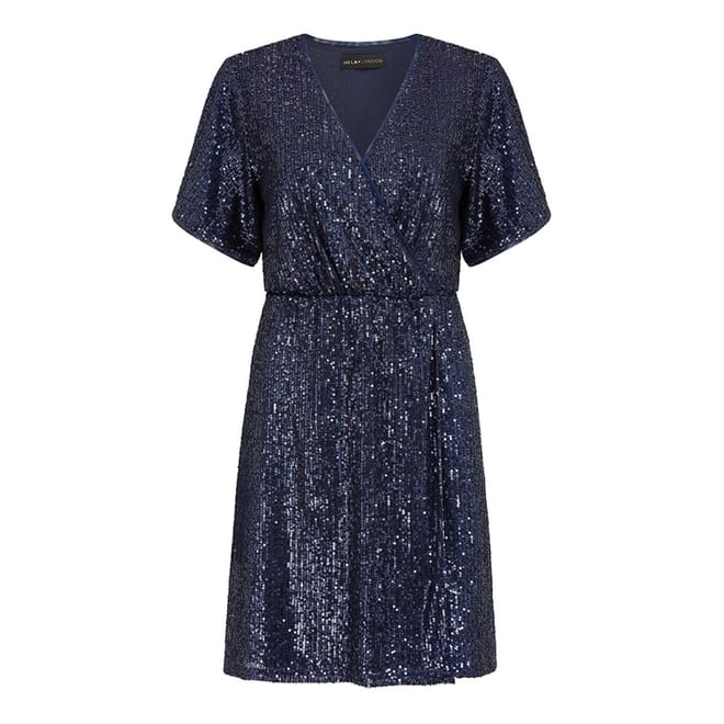 Navy Sequin V-Neck Knee Length Wrap Dress