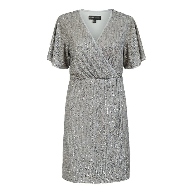 Silver Sequin V-Neck Knee Length Wrap Dress
