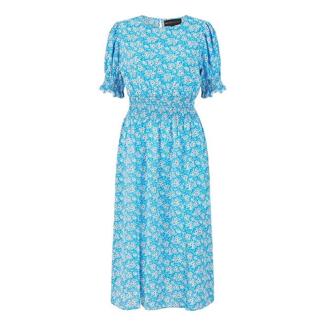 Blue Floral Crew Neck Midi Wrap Dress