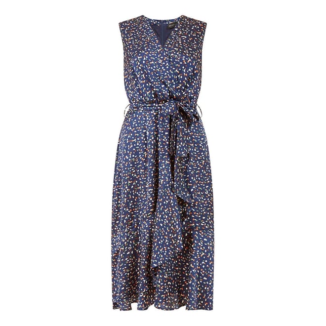 Navy Spot V-Neck Wrap Midi Dress