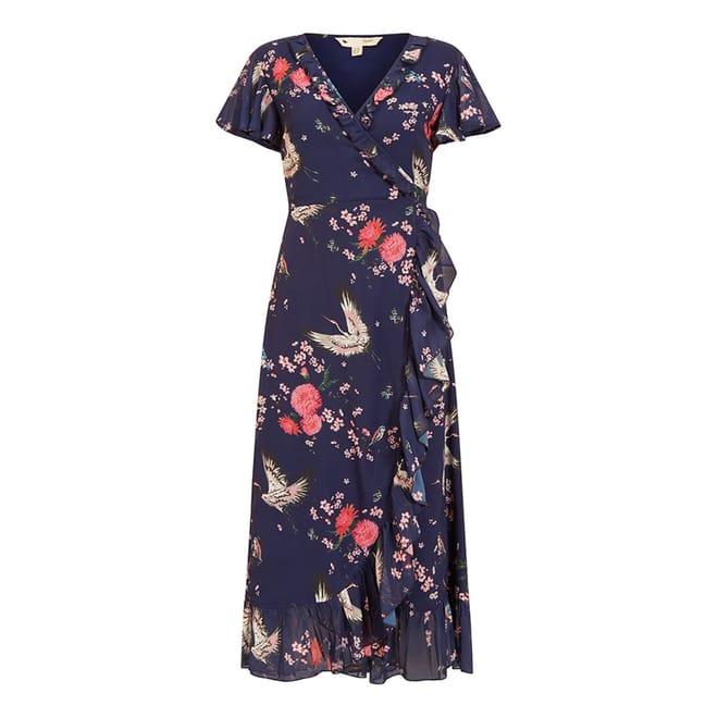 Crane Print V-Neck Midi Wrap Dress