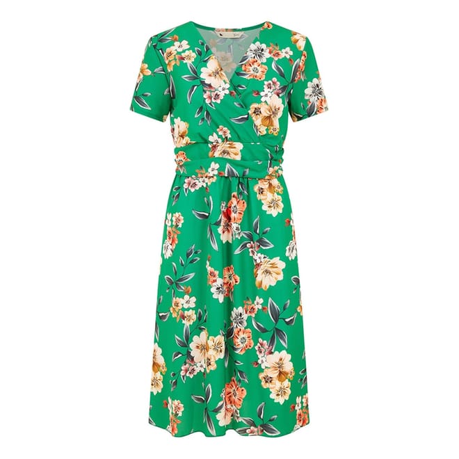 Green Floral V-Neck Knee Length Wrap Dress