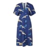 Crane Print V-Neck Midi A-Line Dress