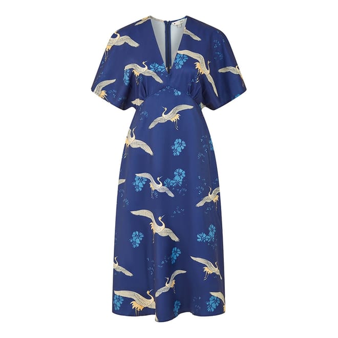 Crane Print V-Neck Midi A-Line Dress