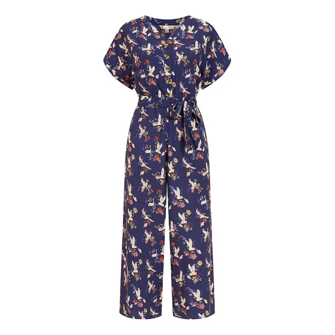 Crane Print Collared Culotte Jumpsuit