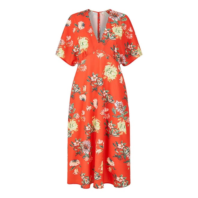 Red Floral V-Neck Midi Wrap Dress