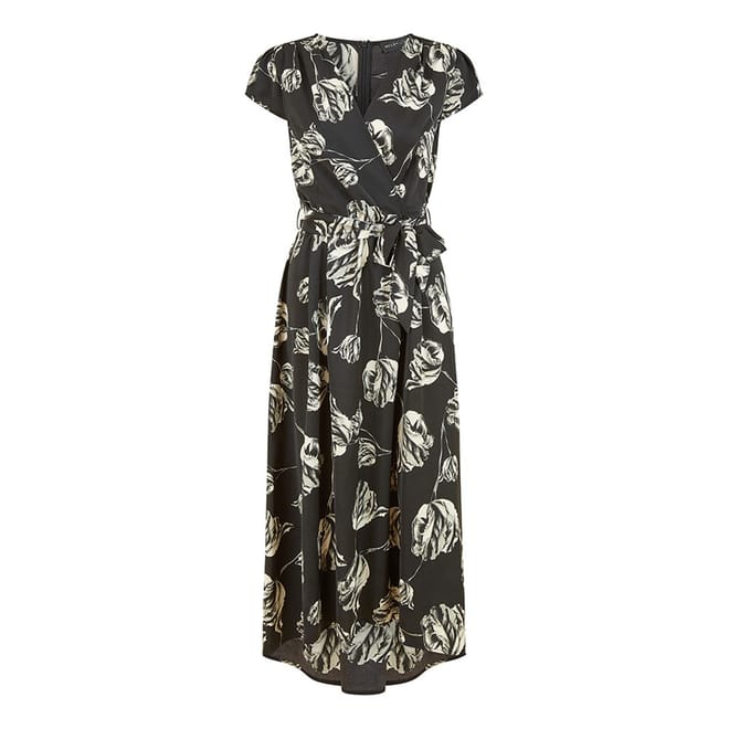 Black Rose V-Neck Midi Wrap Dress