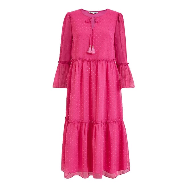 Boho Smocked Crew Neck Midi Tiered Dress