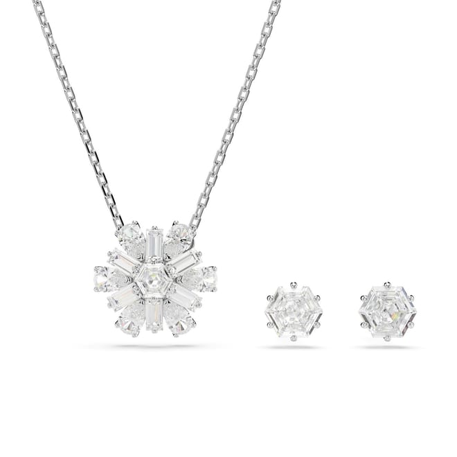 Set, Mixed Cuts, Snowflake, White, Rhodium Plated