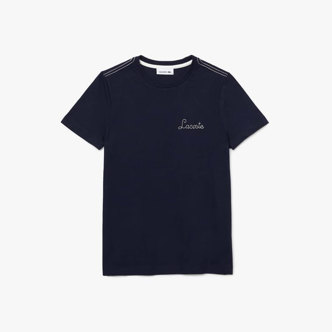 Crewneck Embroidered Lettering Cotton T-Shirt