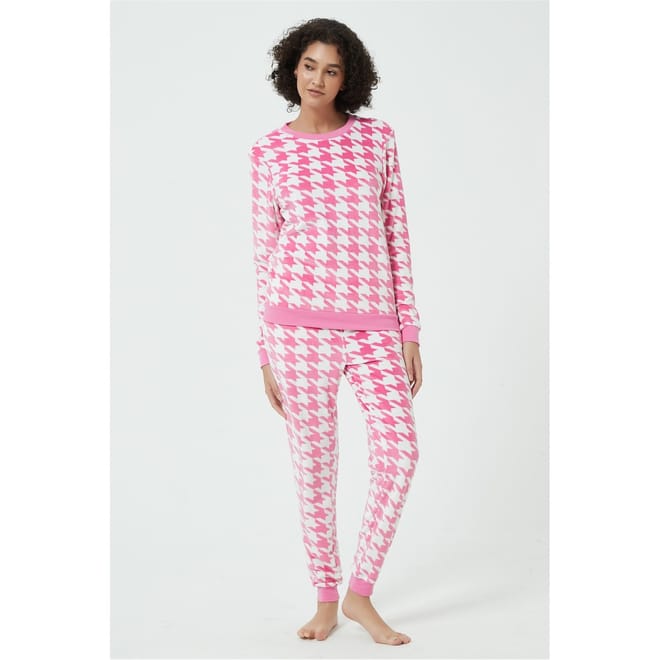 Velour Houndstooth Crew Neck Pyjama Set
