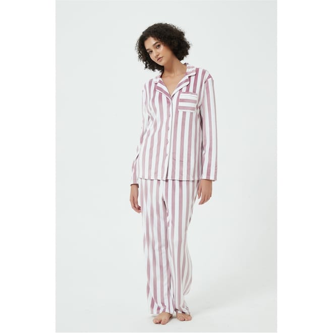 Stripe Velour Collared Pyjama Set