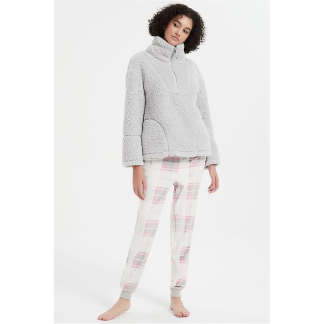 Check Zip Neck Long Sleeve Lounge Set