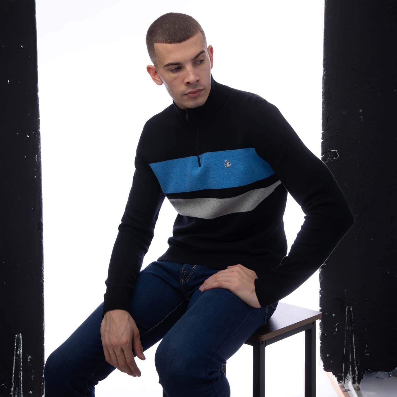 Original Penguin 1 4 Zip Chest Stripe Sweatshirt in Black