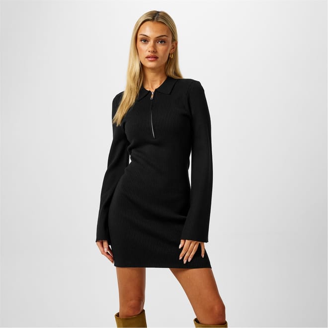 Zip Collared Neck Mini Bodycon Dress