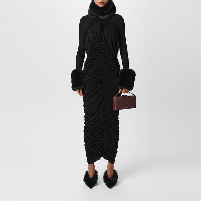 Faux Fur Trim Midi Dress