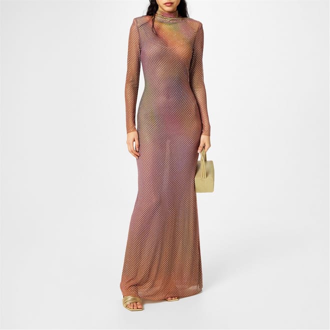 Iridescent Rhinestone High Neck Maxi Slip Dress