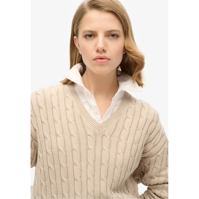 V-Neck Relaxed Fit Cable Sweater