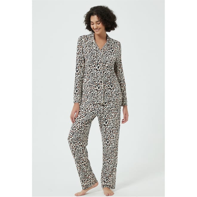 Leopard Pattern Soft Touch Collared Pyjama Set