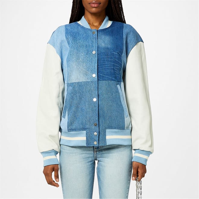 Color Block Varsity Relaxed Fit Denim Jacket