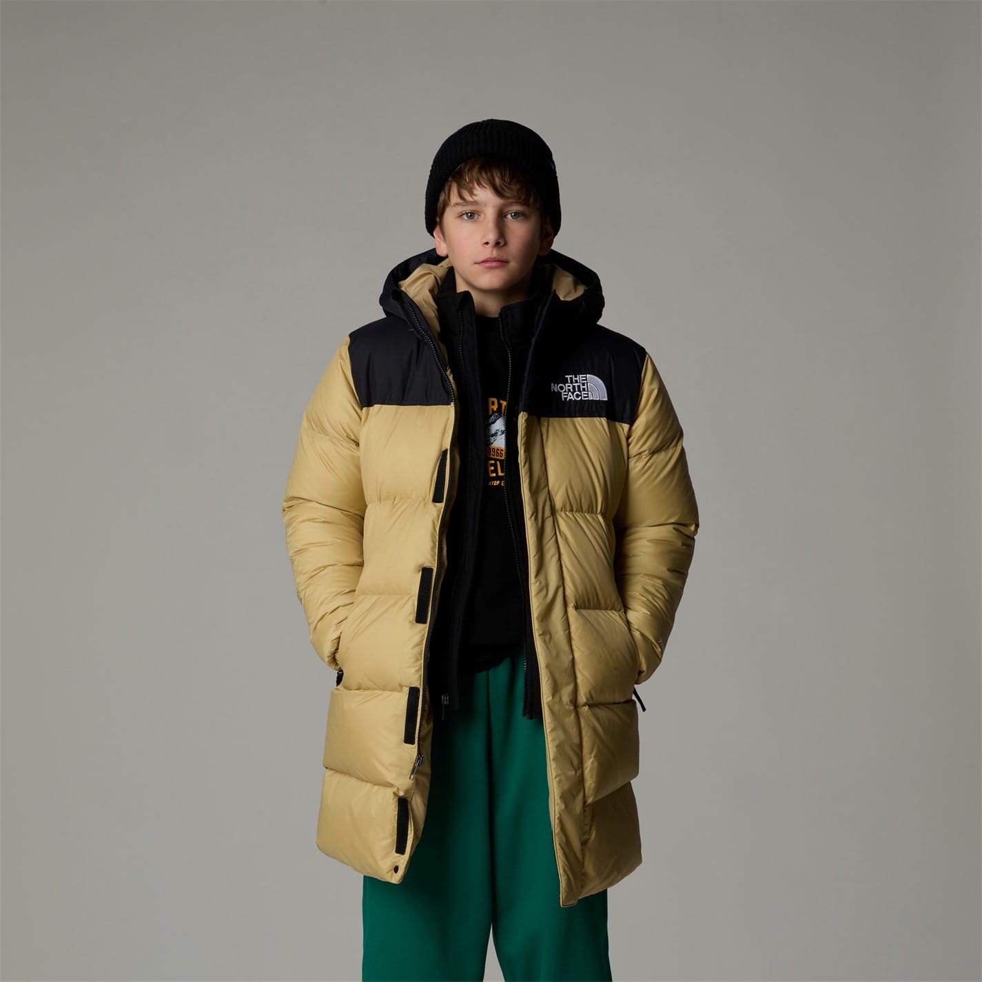 Beige North Face Nuptse Long Parka Padded Shell Down Coat