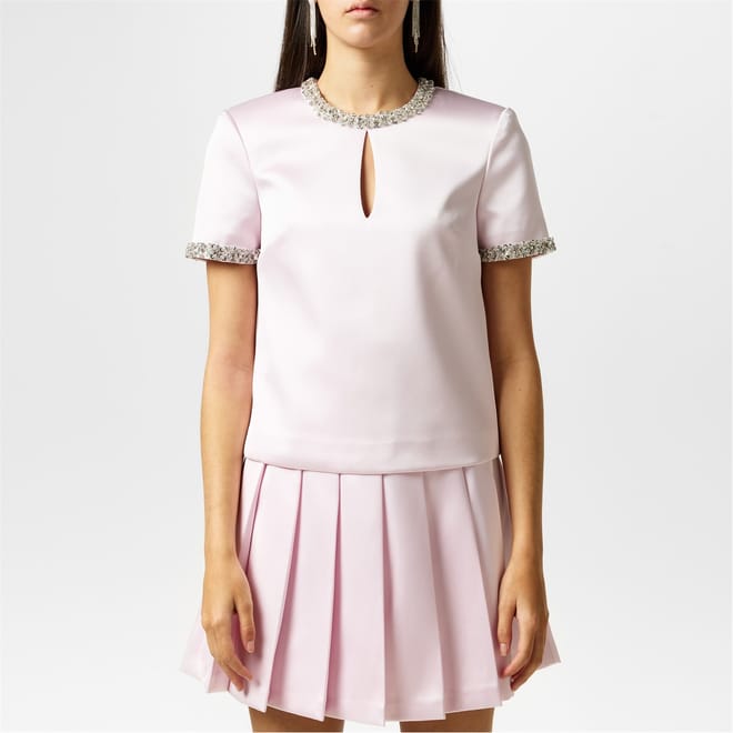 Keyhole Neck Satin Emb Blouse