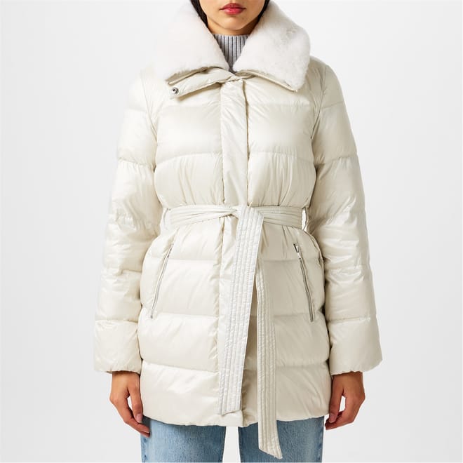 Faux Shearling Trim Belted Down Coat