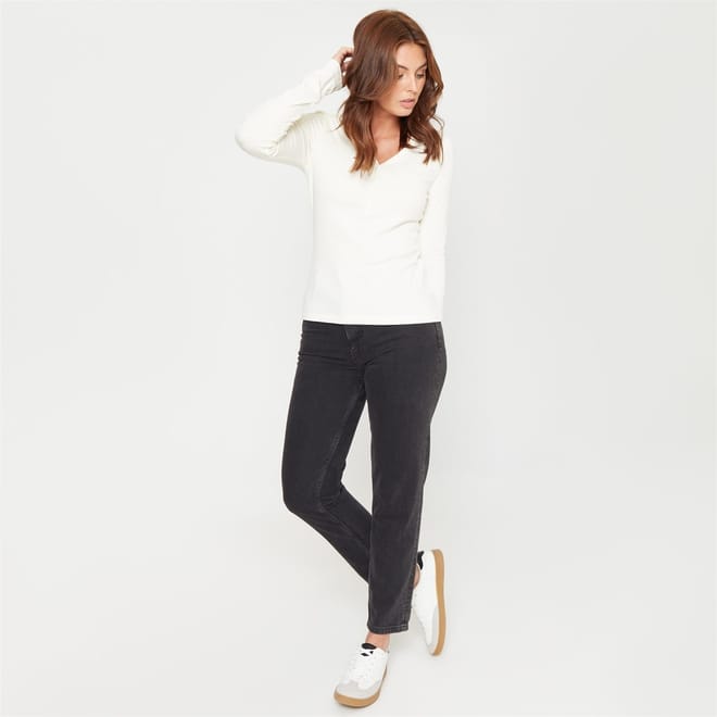 Ribbed V-Neck Long Sleeve T-Shirt