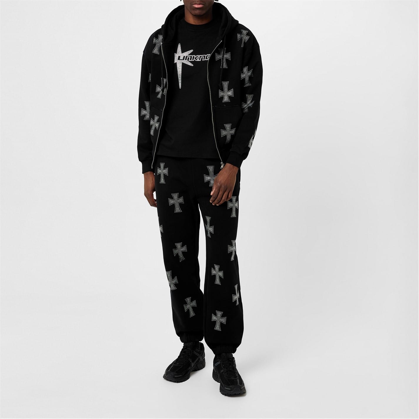 トップス BLACKCROSSRHINESTONEZIPUP UNKNOWN London Black Unknown London Rhinestone Cross Cotton Hoodie - Get