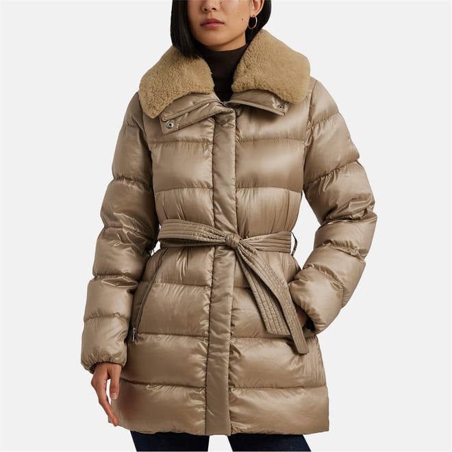 Faux Shearling Trim Belted Down Coat