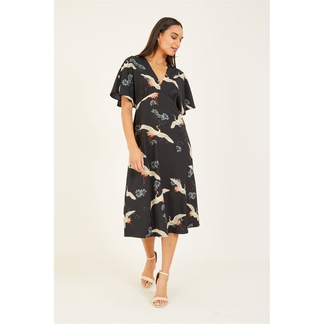 Crane Print Midi Dress
