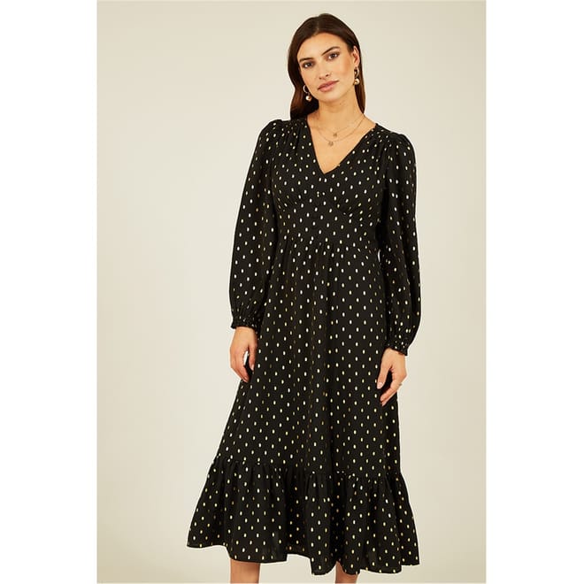 Foil Print Long Sleeve Midi Dress