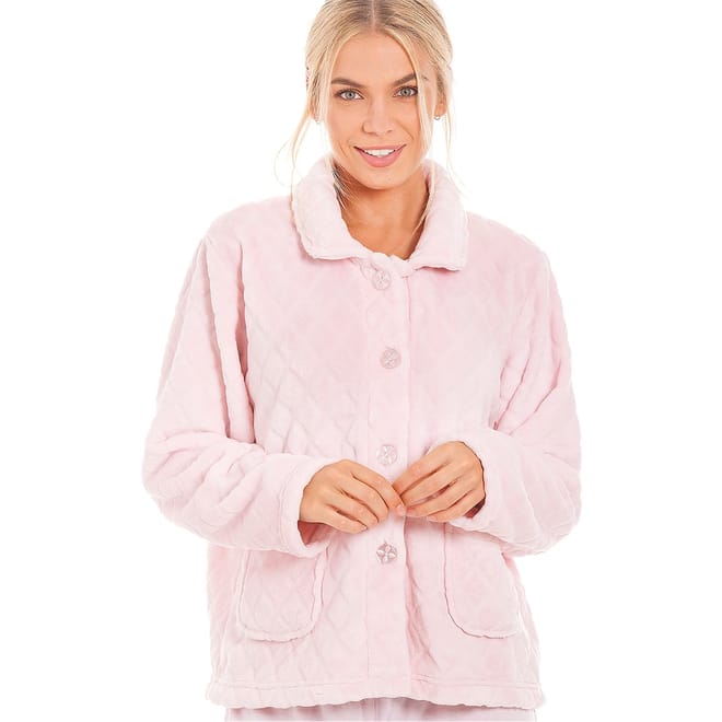 Fleece Diamond Print Bed Jacket With Pockets