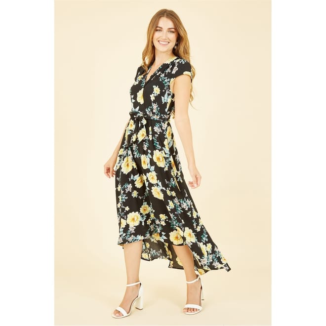 Floral Dipped Hem Midi Wrap Dress