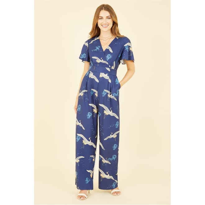 Crane Print Angel Sleeve Jumpsuit