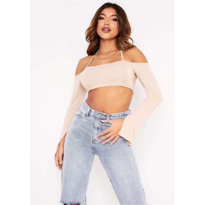 Halterneck Strap Split Sleeve Crop Top