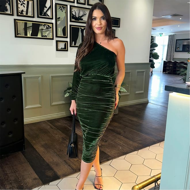 Velvet One Sleeve Ruched Midi Dress