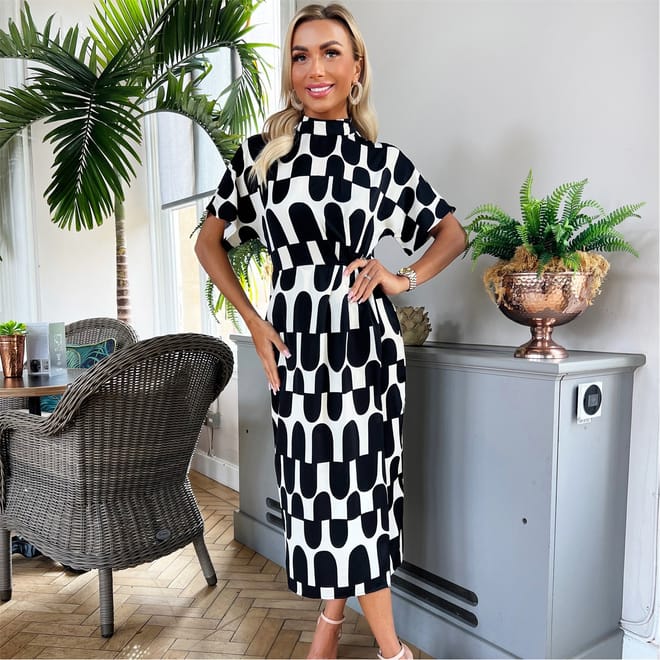 And Cream Abstract Print High Neck Wrap Skirt Midi Dress